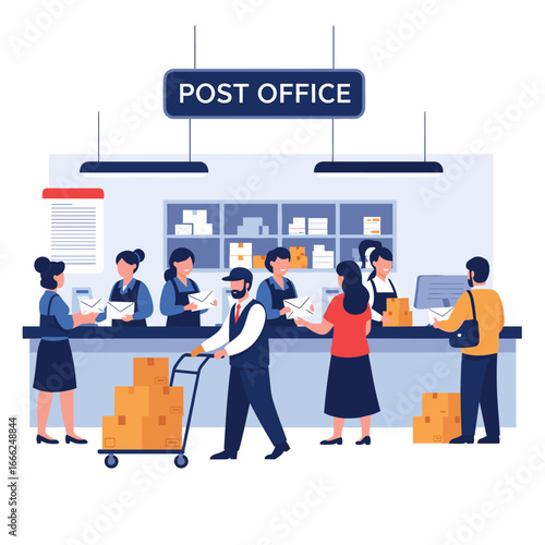 Busy postal workers serve customers efficiently with mail and packages in a modern post office setting.