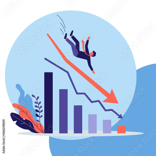 Business downturn crisis, financial loss, and economic recession with falling businessman concept.