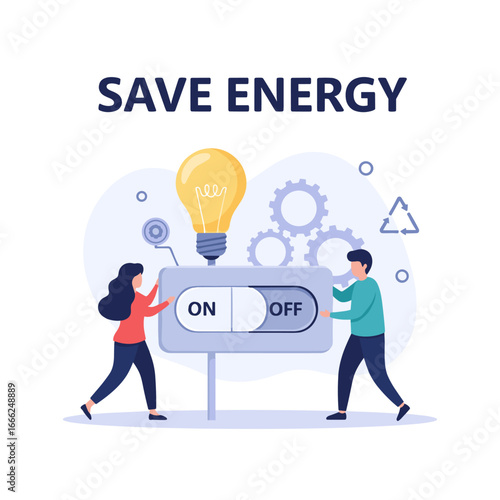 People collaborate to save energy by switching off a light, symbolizing conservation and sustainability efforts.