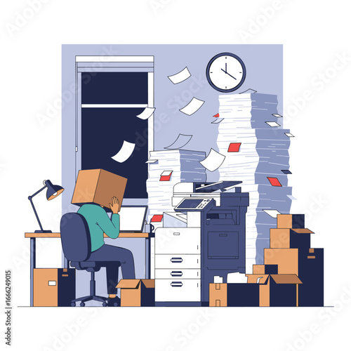 Overwhelmed office worker drowning in paperwork and facing a difficult workload