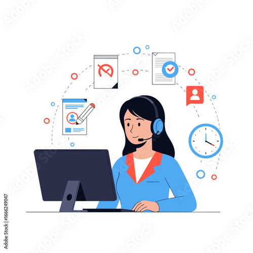 Customer service representative providing assistance and support through a computer and headset for efficient workflow management