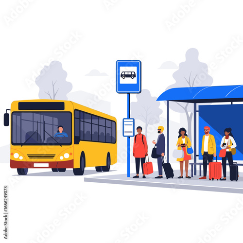 Diverse group of people waiting for transportation at a modern bus stop under a bright sky