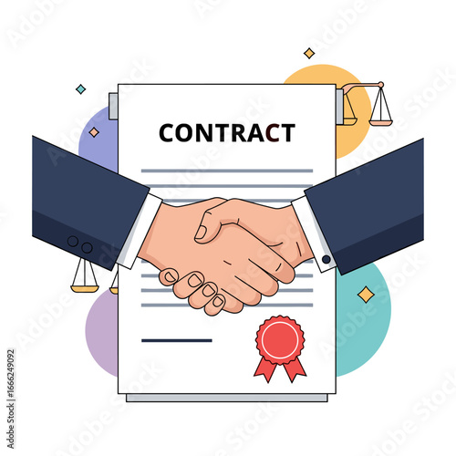 Legal agreement professional partnership business deal handshake contract document signing with red seal and scales of justice symbolizing fair exchange and trust