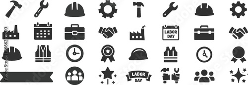 Labor Day Solid Black Silhouette Icon Set Collection on White Background