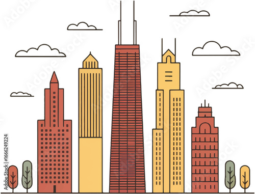 Stylized City Skyline with Tall Buildings and Clouds in a Flat Design architecture skyscrapers