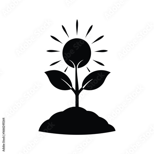 A minimalistic icon illustration of a plant growing under a shining sun, Sun with flower silhouette vector illustration