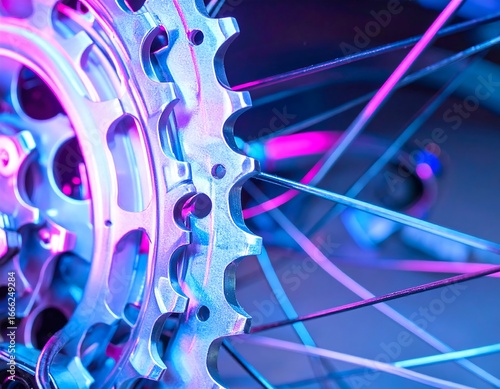 Close-up of a bicycle's intricate gear mechanism, highlighted by vibrant purple and blue neon lighting.