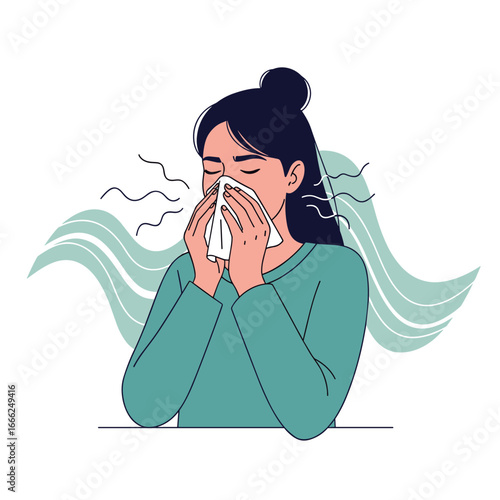Young woman blowing nose with tissue, experiencing allergies or cold symptoms in stylized illustration.