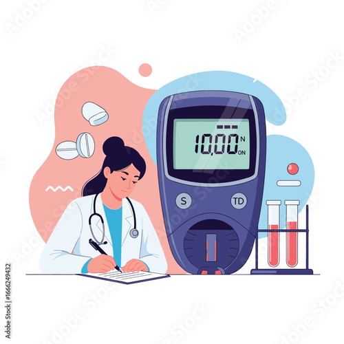 Dedicated doctor monitors patient glucose levels with modern medical equipment and tests