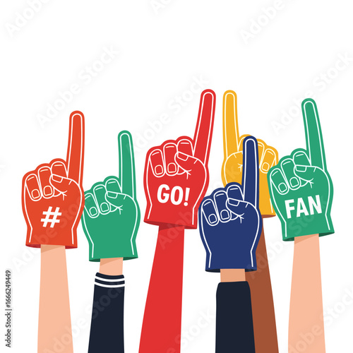 Enthusiastic fans cheer with colorful foam fingers, celebrating victory and team spirit