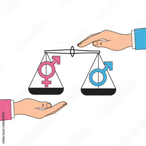 Hands balancing scales with gender symbols symbolizing equality and fairness in society