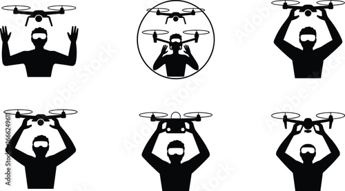 Man holding and controlling drone, drone operator with remote controller, flying drone, drone technology, aerial photography, drone pilot silhouette.