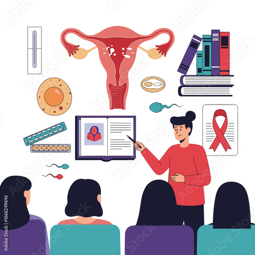 Medical professional giving presentation on reproductive health and awareness for women in audience