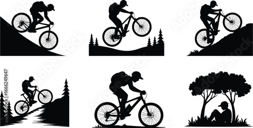 Mountain biking adventure silhouettes, downhill and uphill cycling, extreme sports, outdoor nature ride, forest trail, cyclist resting under tree, active lifestyle