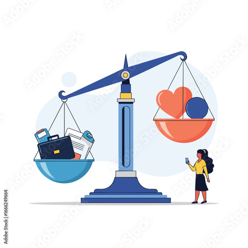 Woman balancing work and life on scales, concept of work-life balance, modern illustration