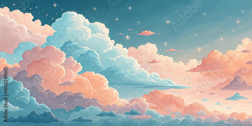 Dreamy Pastel Cloudscape: Soft Pink, Blue, and Orange Tonal Background