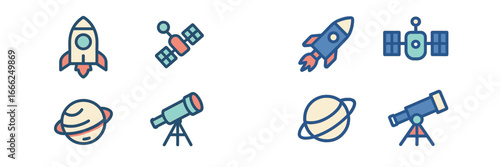 Space exploration icons: rocket, satellite, planet, telescope