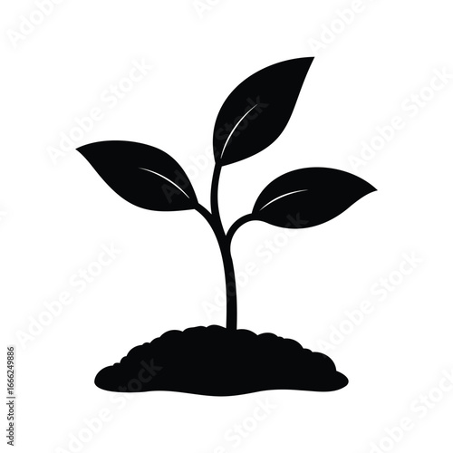 Black and white seedling illustration represents the beginning of plant life, Tree seedling silhouette vector illustration