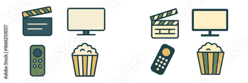 Movie Night Essentials: Clapperboard, Screen, Remote, Popcorn