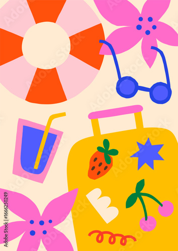 Vacation tropical beach vector illustration. Bold bright summer poster design with suitcase, cocktail, sunglasses, inflatable ring, flowers
