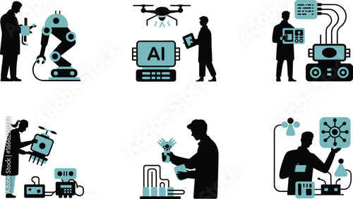 Scientists working on artificial intelligence, robotics, and technology, research and development, machine learning, AI innovation, futuristic lab experiments.