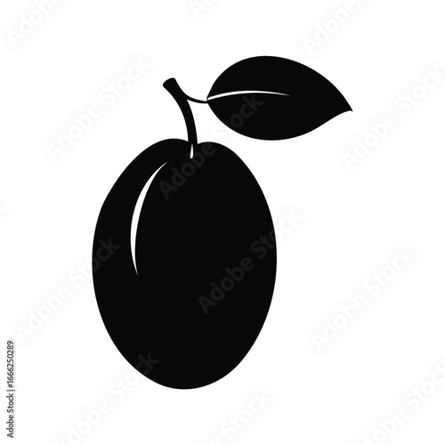 Minimalist black and white plum illustration with leaf on a white backdrop, Plum tree silhouette vector illustration