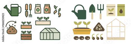Gardening Tools and Plant Growth Icons, Minimalist flat design