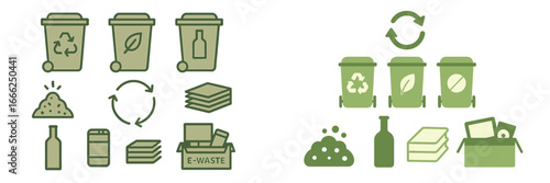 Waste sorting and recycling bins icons, Minimalist flat design