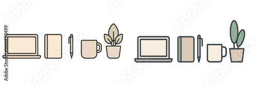 Desk items with laptops, notebooks, pens, and potted plants