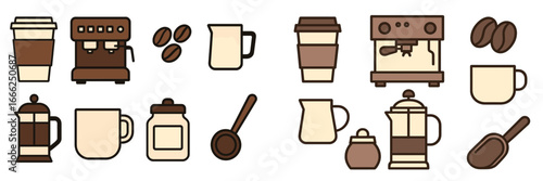 Coffee making tools and supplies flat design icons