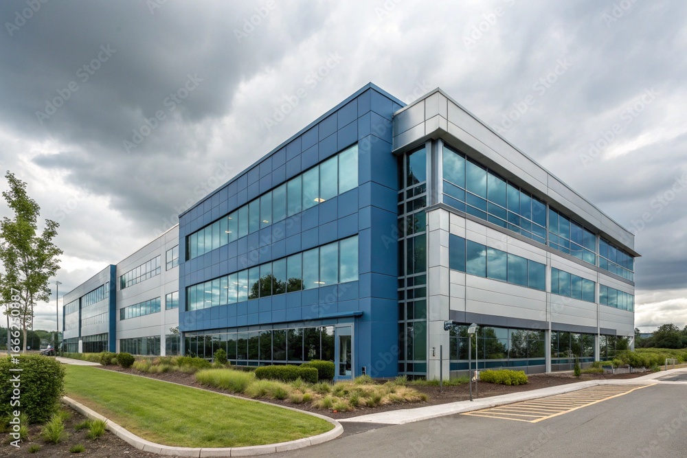 Fototapeta premium Modern office building with sleek blue-grey exterior. Contemporary design emphasizes natural light, green spaces, and sustainability. Large windows reflect sky, creating professional, eco-friendly. 