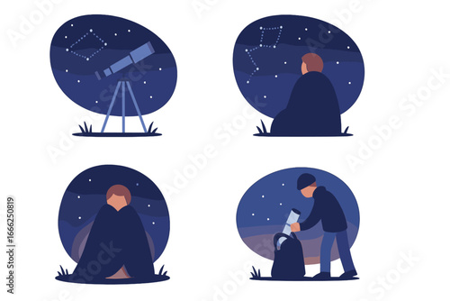 People observing night sky with telescope and constellations