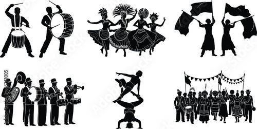Silhouettes of marching band, traditional dancers, flag twirlers, musicians with instruments, acrobats, parade crowd, festive celebration, cultural performance, street festival.