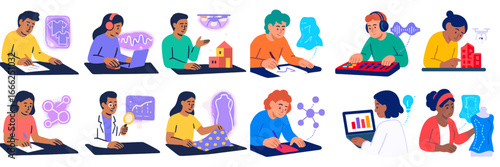 Diverse professionals engaged in creative tasks