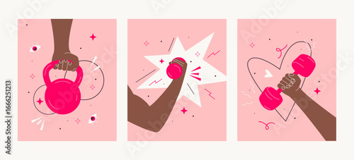 Vector illustration. Hands Holding a Dumbbell Lifestyle Sports Champion Achievements