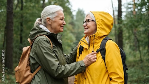 Wallpaper Mural Two Mature Women Share a Laugh in the Woods, Friends Laughing Together on a Hiking Trip Through the Forest Torontodigital.ca