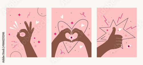 Vector illustration. The hands make signs.  Ok The Heart    Good