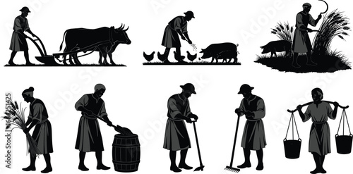 Traditional farming silhouettes, vintage agriculture workers, plowing field, feeding animals, harvesting crops, rural farm labor, old-style farmer vector illustration