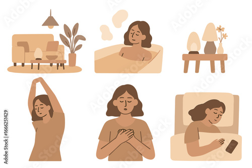 Woman Daily Routine Self-Care Relaxation, Minimalist flat design