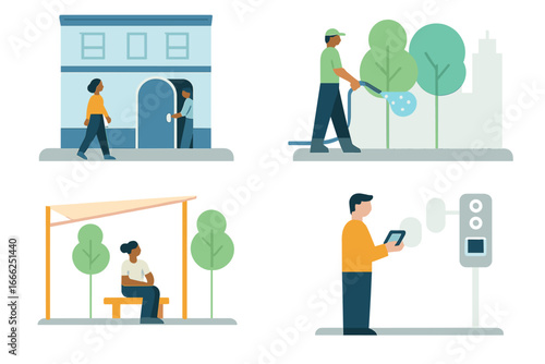 City life scenes with people and buildings, Minimalist flat design