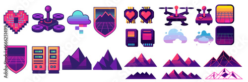 Retro Futuristic Digital Icons Set, Minimalist flat design