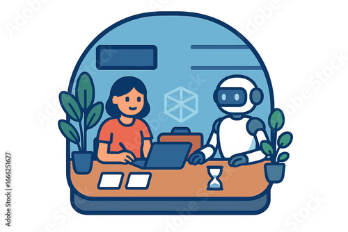 Person and robot working together at desk, Minimalist flat design