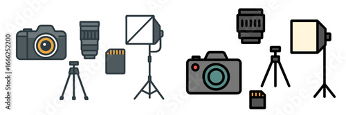 Camera and lighting gear for photography, Minimalist flat design
