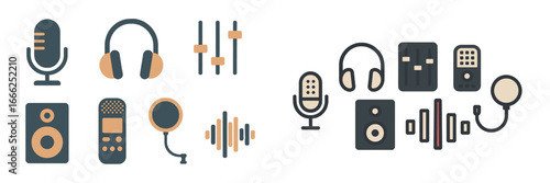 Audio Recording Equipment Icons Set, Minimalist flat design