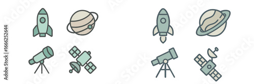 Space exploration icons: rockets, planets, telescopes, satellites