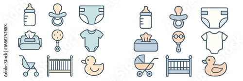 Baby Essentials Flat Icons Set, Minimalist flat design
