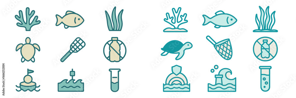 Fototapeta premium Marine Life and Ocean Conservation Symbols, Minimalist flat design