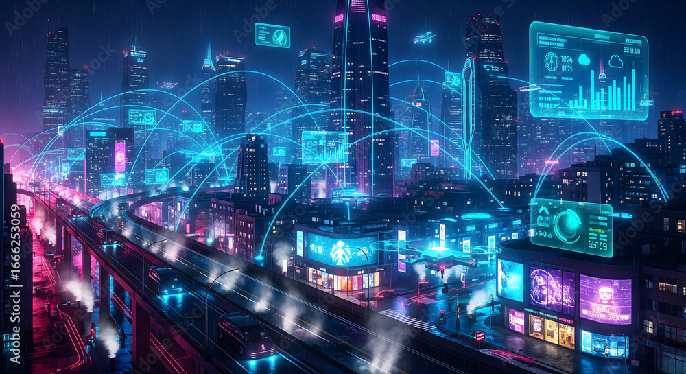 Fototapeta premium Futuristic Smart City at Night with Glowing IoT Network Connections and Holographic Devices – Advanced Urban Technology and Cyberpunk Innovation Illustration