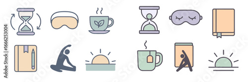 Morning Routine Icons Set, Minimalist flat design
