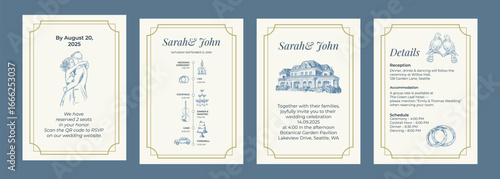 Toile de Jouy inspired wedding wedding invitation. Wedding hand dawn ceremony card. Elegant line art minimalist venue sketch. Elements for wedding, monogram, invitation, greeting, birthday card.